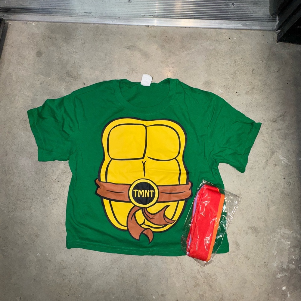 Green TMNT adult crop top with colored eye masks